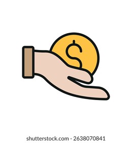 Flat icon of hand giving coin and dollar, perfect for charity, donation, NGO, and giving-related visuals.