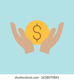Flat icon of hand giving coin and dollar, perfect for charity, donation, NGO, and giving-related visuals.