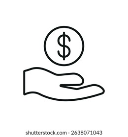 Flat icon of hand giving coin and dollar, perfect for charity, donation, NGO, and giving-related visuals.
