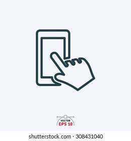 Flat icon of hand pointing mobile screen.