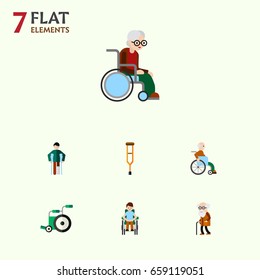 Flat Icon Handicapped Set Of Ancestor, Stand, Disabled Person Vector Objects. Also Includes Disability, Handicapped, Old Elements.