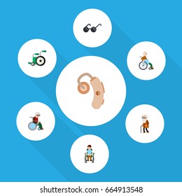 Flat Icon Handicapped Set Of Ancestor, Equipment, Handicapped Man Vector Objects. Also Includes Man, Equipment, Aid Elements.