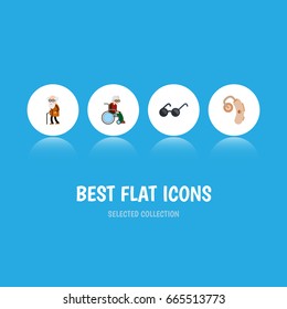 Flat Icon Handicapped Set Of Ancestor, Wheelchair, Spectacles And Other Vector Objects. Also Includes Spectacles, Ancestor, Man Elements.