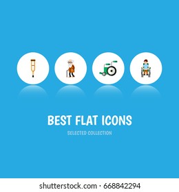 Flat Icon Handicapped Set Of Ancestor, Stand, Disabled Person Vector Objects. 