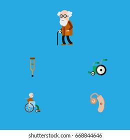 Flat Icon Handicapped Set Of Ancestor, Audiology, Handicapped Man Vector Objects. Also Includes Man, Handicapped, Hearing Elements.