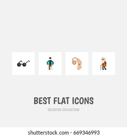 Flat Icon Handicapped Set Of Ancestor, Injured, Audiology And Other Vector Objects. Also Includes Audiology, Crutch, Sunglasses Elements.