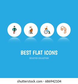 Flat Icon Handicapped Set Of Ancestor, Injured, Audiology And Other Vector Objects. Also Includes Old, Audiology, Disabled Elements.