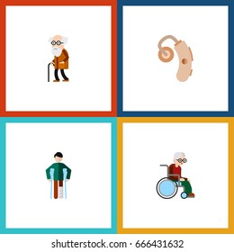 Flat Icon Handicapped Set Of Audiology, Wheelchair, Ancestor And Other Vector Objects. Also Includes Hearing, Aid, Man Elements.