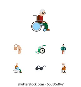 Flat Icon Handicapped Set Of Equipment, Injured, Spectacles And Other Vector Objects. Also Includes Disability, Old, Crutch Elements.