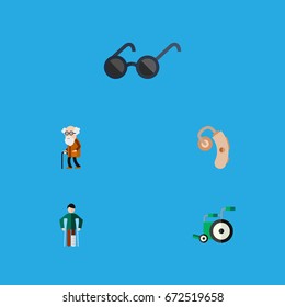 Flat Icon Handicapped Set Of Injured, Ancestor, Equipment And Other Vector Objects. Also Includes Equipment, Audiology, Sunglasses Elements.