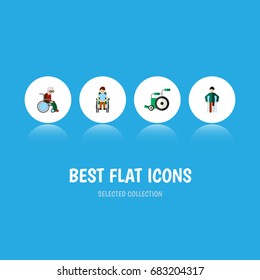 Flat Icon Handicapped Set Of Injured, Disabled Person, Wheelchair And Other Vector Objects. Also Includes Crutch, Disabled, Disability Elements.