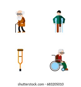 Flat Icon Handicapped Set Of Injured, Ancestor, Wheelchair And Other Vector Objects. Also Includes Handicapped, Wheelchair, Stand Elements.