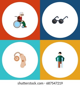 Flat Icon Handicapped Set Of Injured, Audiology, Spectacles And Other Vector Objects. Also Includes Crutch, Eyeglasses, Wheelchair Elements.