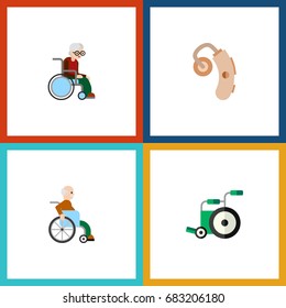Flat Icon Handicapped Set Of Handicapped Man, Audiology, Wheelchair Vector Objects. Also Includes Disabled, Equipment, Hearing Elements.