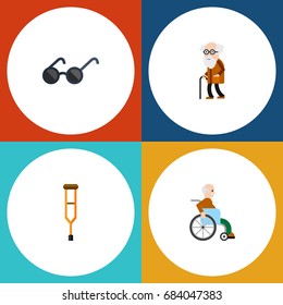 Flat Icon Handicapped Set Of Handicapped Man, Spectacles, Ancestor Vector Objects. Also Includes Disabled, Man, Old Elements.