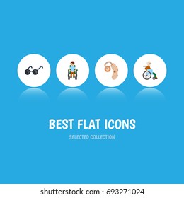 Flat Icon Handicapped Set Of Handicapped Man, Audiology, Disabled Person Vector Objects. Also Includes Handicapped, Audiology, Eyeglasses Elements.
