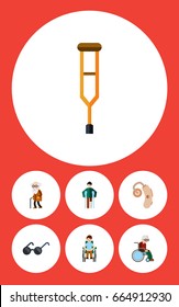 Flat Icon Handicapped Set Of Spectacles, Ancestor, Disabled Person And Other Vector Objects. Also Includes Stick, Crutch, Sunglasses Elements.