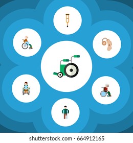 Flat Icon Handicapped Set Of Stand, Handicapped Man, Wheelchair Vector Objects. Also Includes Wheelchair, Stand, Injured Elements.