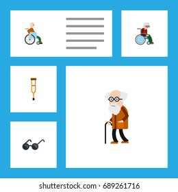 Flat Icon Handicapped Set Of Stand, Ancestor, Handicapped Man Vector Objects. Also Includes Wheelchair, Spectacles, Stick Elements.