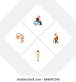Flat Icon Handicapped Set Of Wheelchair, Stand, Ancestor Vector Objects. Also Includes Crutch, Hearing, Wheelchair Elements.