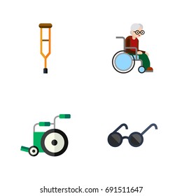 Flat Icon Handicapped Set Of Wheelchair, Stand, Equipment Vector Objects. Also Includes Man, Wheelchair, Spectacles Elements.