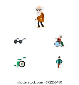 Flat Icon Handicapped Set Of Wheelchair, Ancestor, Spectacles And Other Vector Objects. Also Includes Eyeglasses, Disability, Man Elements.