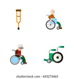 Flat Icon Handicapped Set Of Wheelchair, Stand, Handicapped Man Vector Objects. Also Includes Equipment, Stick, Crutch Elements.