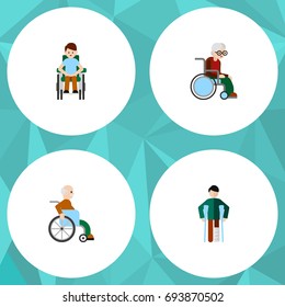 Flat Icon Handicapped Set Of Wheelchair, Handicapped Man, Injured Vector Objects. Also Includes Disability, Handicapped, Injured Elements.