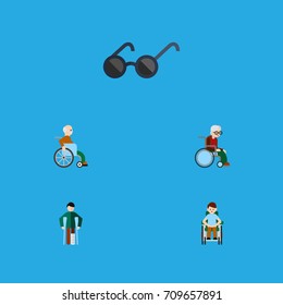 Flat Icon Handicapped Set Of Wheelchair, Disabled Person, Handicapped Man Vector Objects. Also Includes Wheelchair, Eyeglasses, Sunglasses Elements.
