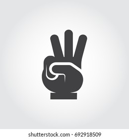 Flat icon hands - three fingers up sign. Number three gesture, body language symbol. Vector illustration on gray background