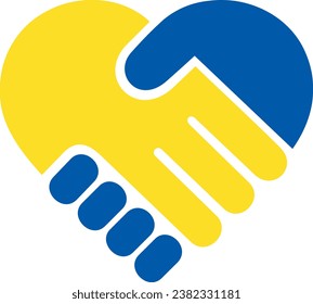 Flat icon of handshake in the colors of the Ukrainian flag as a concept of love or sympathy