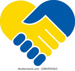 Flat icon of handshakes in the form of a heart in the colors of the Ukrainian flag