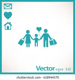 Flat icon. A happy family is shopping.