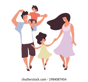 Flat icon of happy family with son and daughter. Dad and mom are walking with children and hugging, vector illustration isolated on white background.