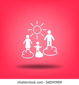 Ícone plano. Família feliz e sol. Pai, mãe, filho e natureza.