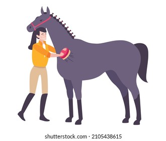 Flat icon with happy female character brushing horse hair vector illustration