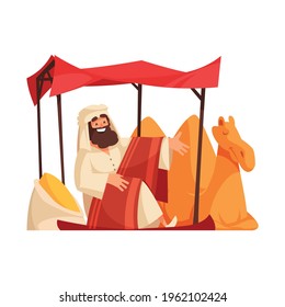 Flat icon of happy islamic man and camel at asian market vector illustration