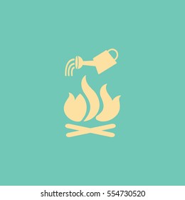 Flaches Symbol. Er zündete das Feuer an. Wasser, das aus einer Tränkdose strömt, brennt. Brandbekämpfung.