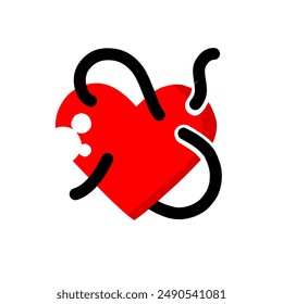 Flat icon of heart or love in red and black colors, emoticon of heart, emosion, sign, pictogram