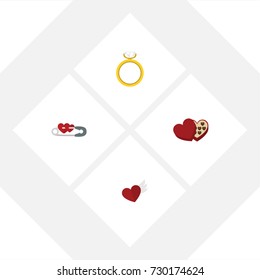 Flat Icon Heart Set Of Closed, Shaped Box, Engagement And Other Vector Objects. Also Includes Wings, Heart, Box Elements.