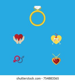 Flat Icon Heart Set Of Engagement, Necklace, Sexuality Symbol And Other Vector Objects. Also Includes Sign, Champagne, Heart Elements.