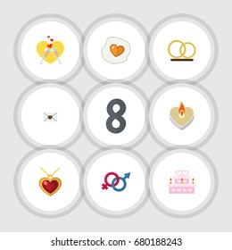 Flat Icon Heart Set Of Fire Wax, Scrambled, Patisserie And Other Vector Objects. Also Includes Wedding, Sign, Candle Elements.