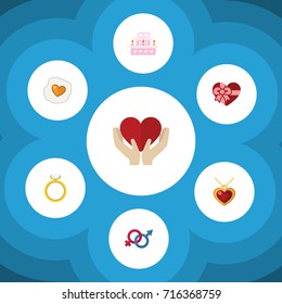 Flat Icon Heart Set Of Necklace, Save Love, Scrambled And Other Vector Objects. Also Includes Cake, Gender, Care Elements.