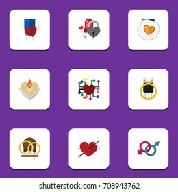 Flat Icon Heart Set Of Heart, Scrambled, Wings And Other Vector Objects. Also Includes Sign, Love, Candle Elements.