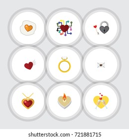 Flat Icon Heart Set Of Scrambled, Necklace, Emotion And Other Vector Objects. Also Includes Fire, Engagement, Wax Elements.