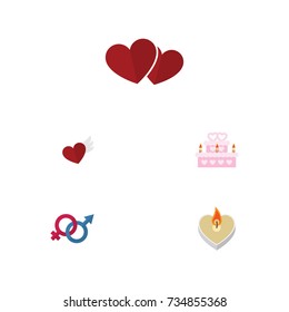Flat Icon Heart Set Of Sexuality Symbol, Patisserie, Fire Wax And Other Vector Objects. Also Includes Wax, Wedding, Cake Elements.