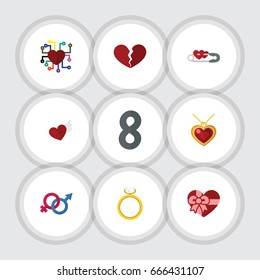 Flat Icon Heart Set Of Wings, Divorce, Present And Other Vector Objects. Also Includes Feeling, Ribbon, Pendant Elements.