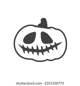Flat icon of Helloween monster pumpkin for carving with eyes, mouth, teeth. Black horror silhouette laughing. Flat vector illustration isolated on white background.