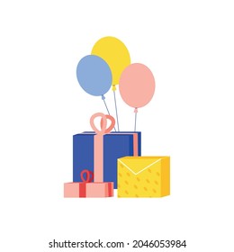 Flat icon with holiday presents in colorful boxes and balloons vector illustration