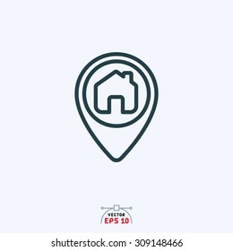 Flat icon of home sign in map pin.
